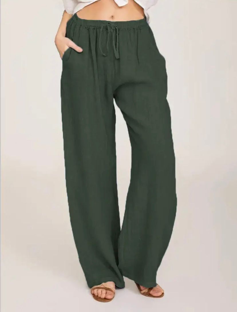 Relaxed drawstring pants, dark green, elastic waist and wide straight legs
