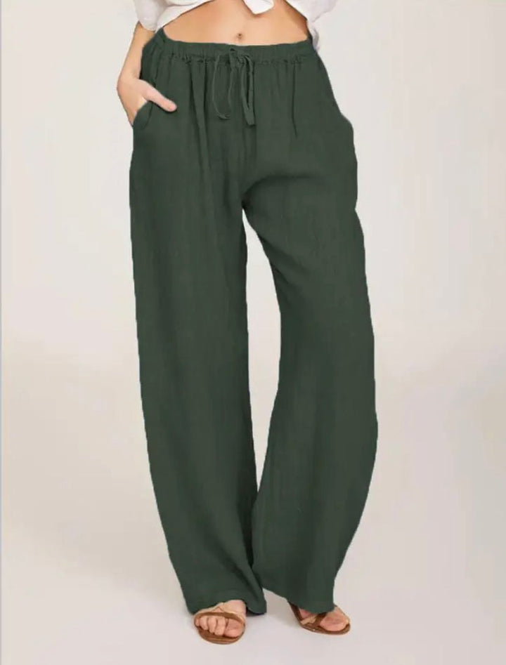 Relaxed drawstring pants, dark green, elastic waist and wide straight legs