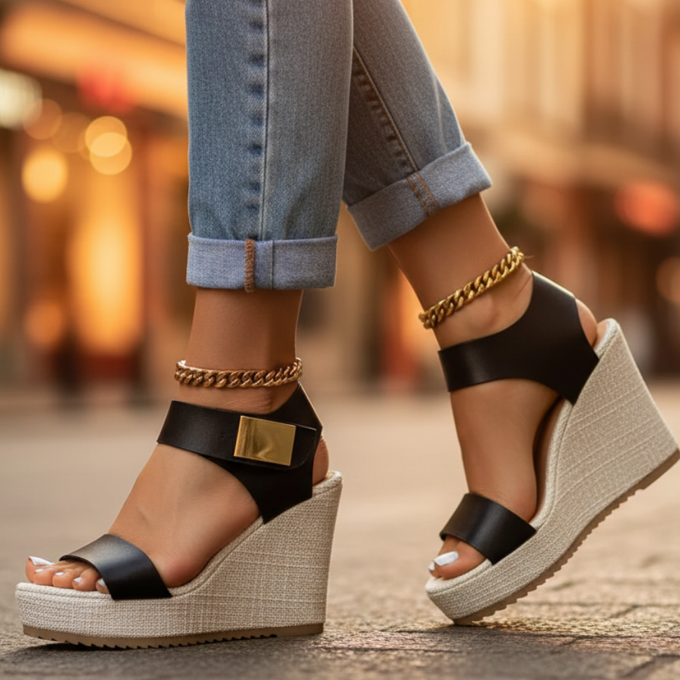 Black peep-toe wedge sandals with gold chain ankle strap and gold buckle detail