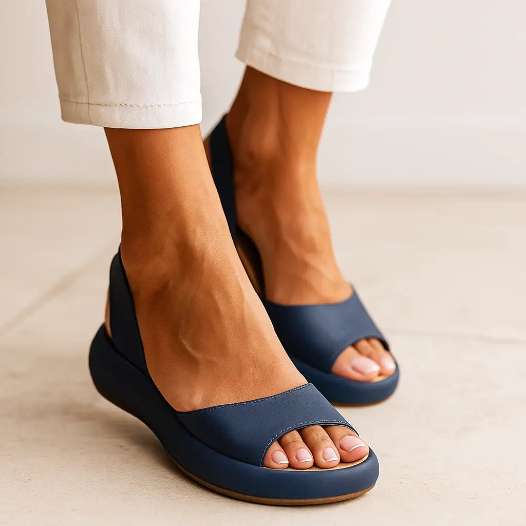 Navy slide comfort sandals with open toe and wide strap