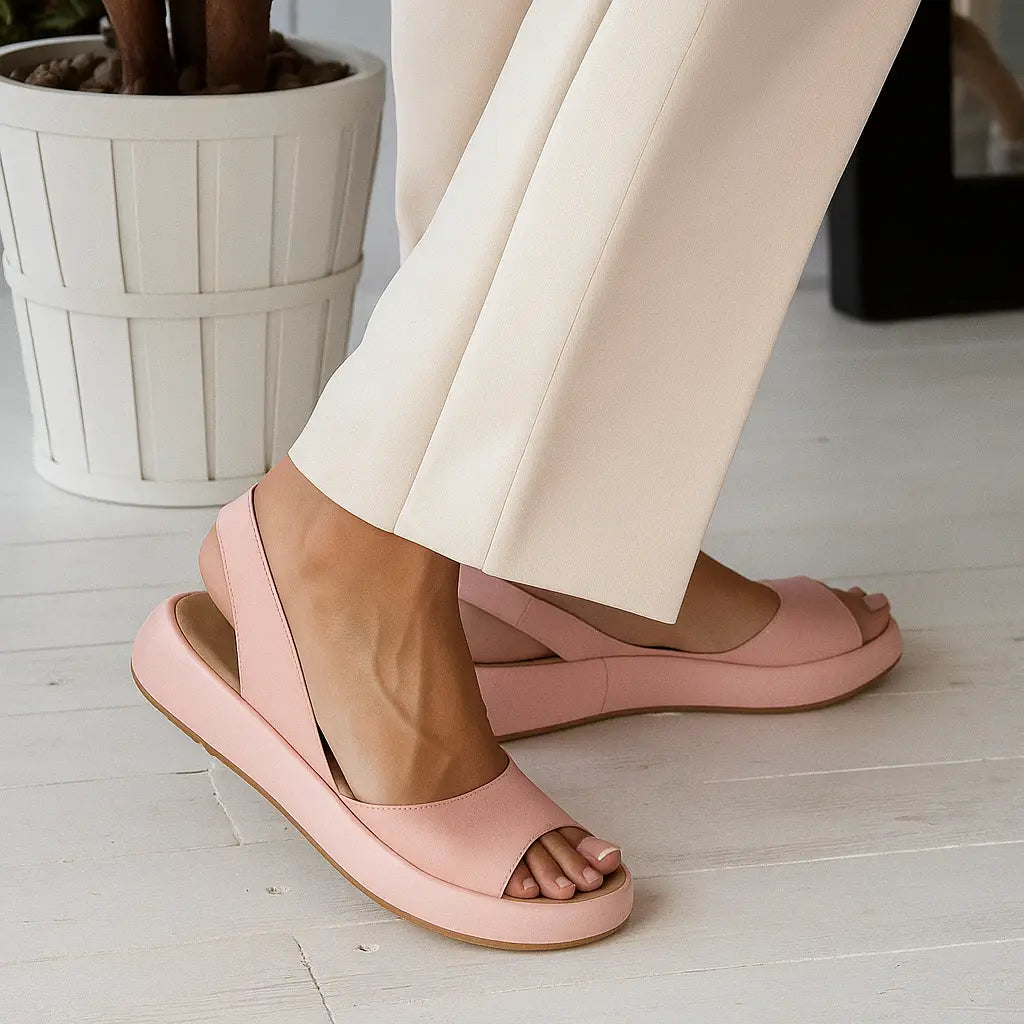Light pink slide comfort sandals with open toe and two straps