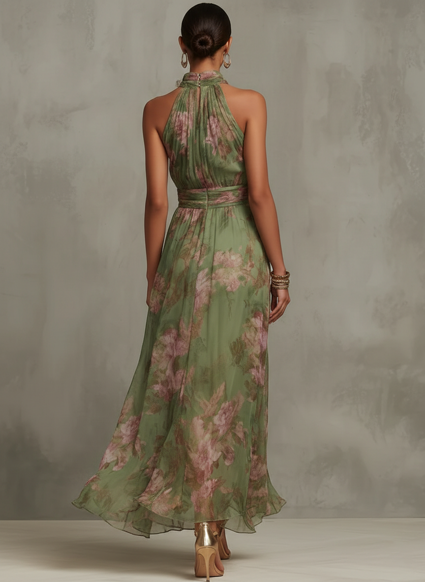 Back view of green floral halterneck maxi dress with halter tie and gathered waist