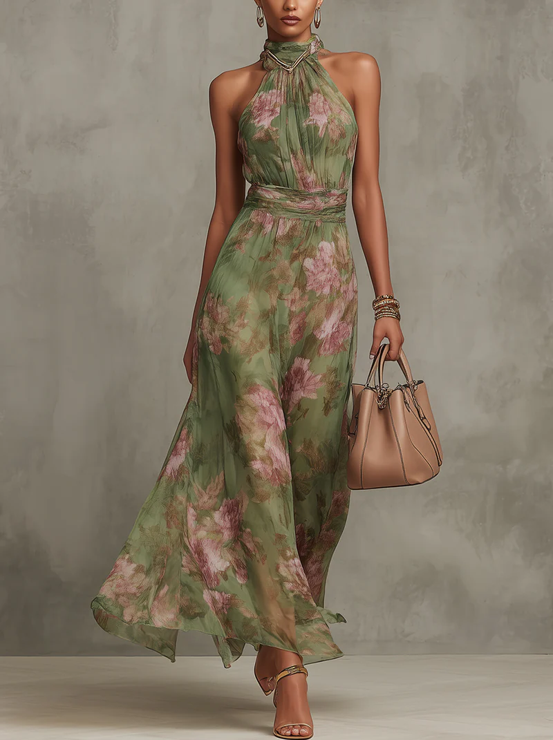 Green floral halterneck maxi dress with ruched waist and sleeveless halter straps