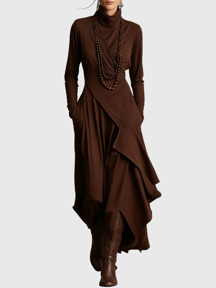 Brown draped turtleneck maxi dress with long sleeves and layered asymmetric hem