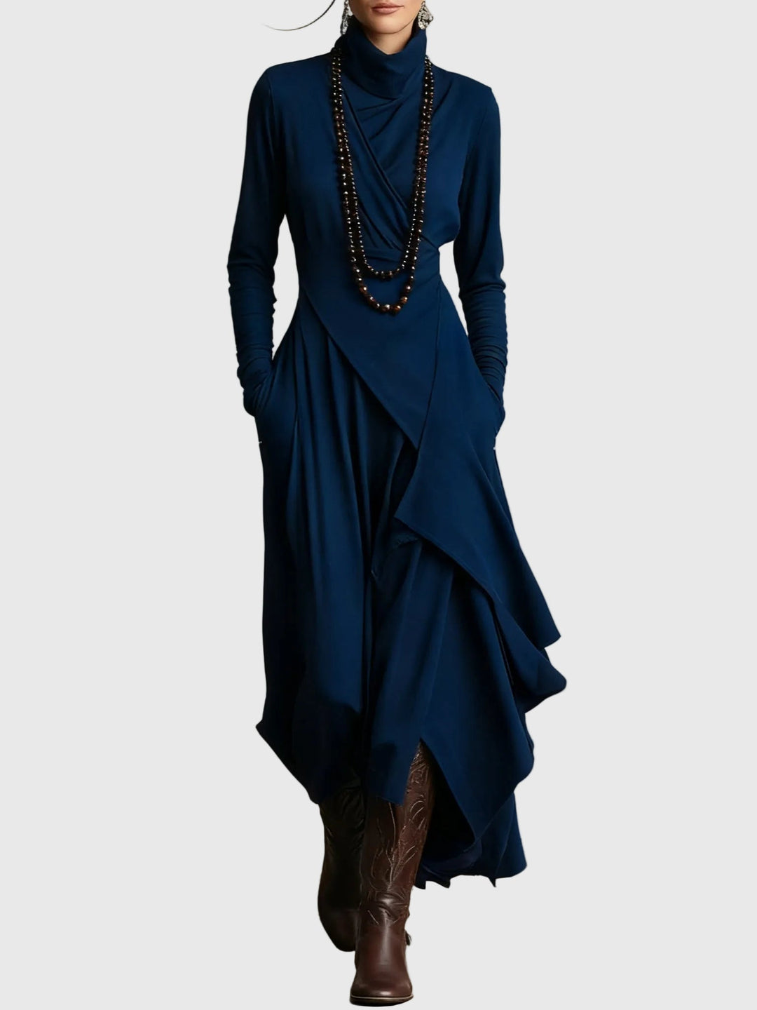 Navy draped turtleneck maxi dress, long sleeves, layered asymmetric hem