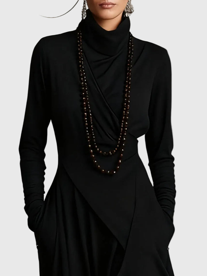 Black draped turtleneck maxi dress with long sleeves and crossover wrap bodice