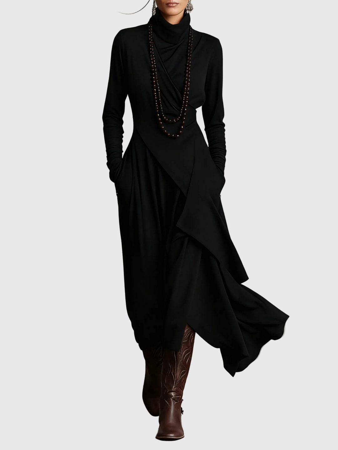 Black draped turtleneck maxi dress with long sleeves and layered asymmetric hem