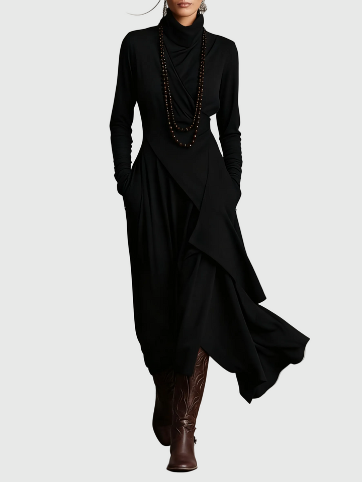 Black draped turtleneck maxi dress with long sleeves and layered asymmetric hem