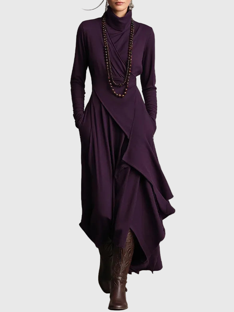Purple draped turtleneck maxi dress, long sleeves, layered asymmetric hem