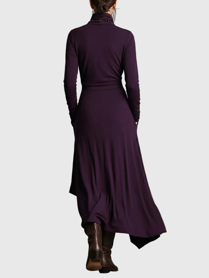 Purple draped turtleneck maxi dress, back view with long sleeves and layered hem
