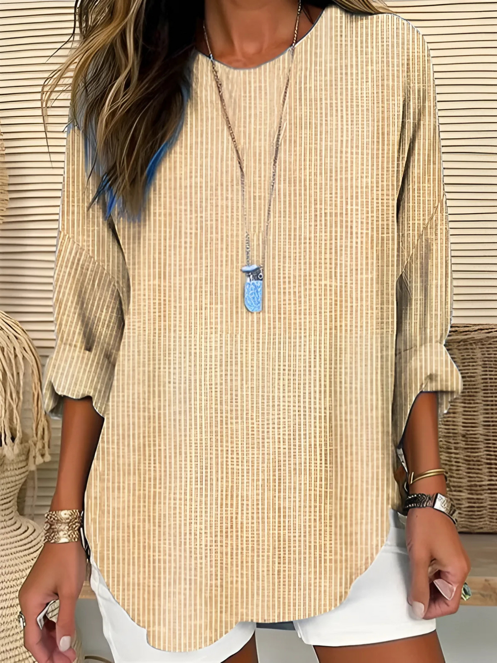 Khaki pinstripe relaxed blouse with long sleeves and round neckline