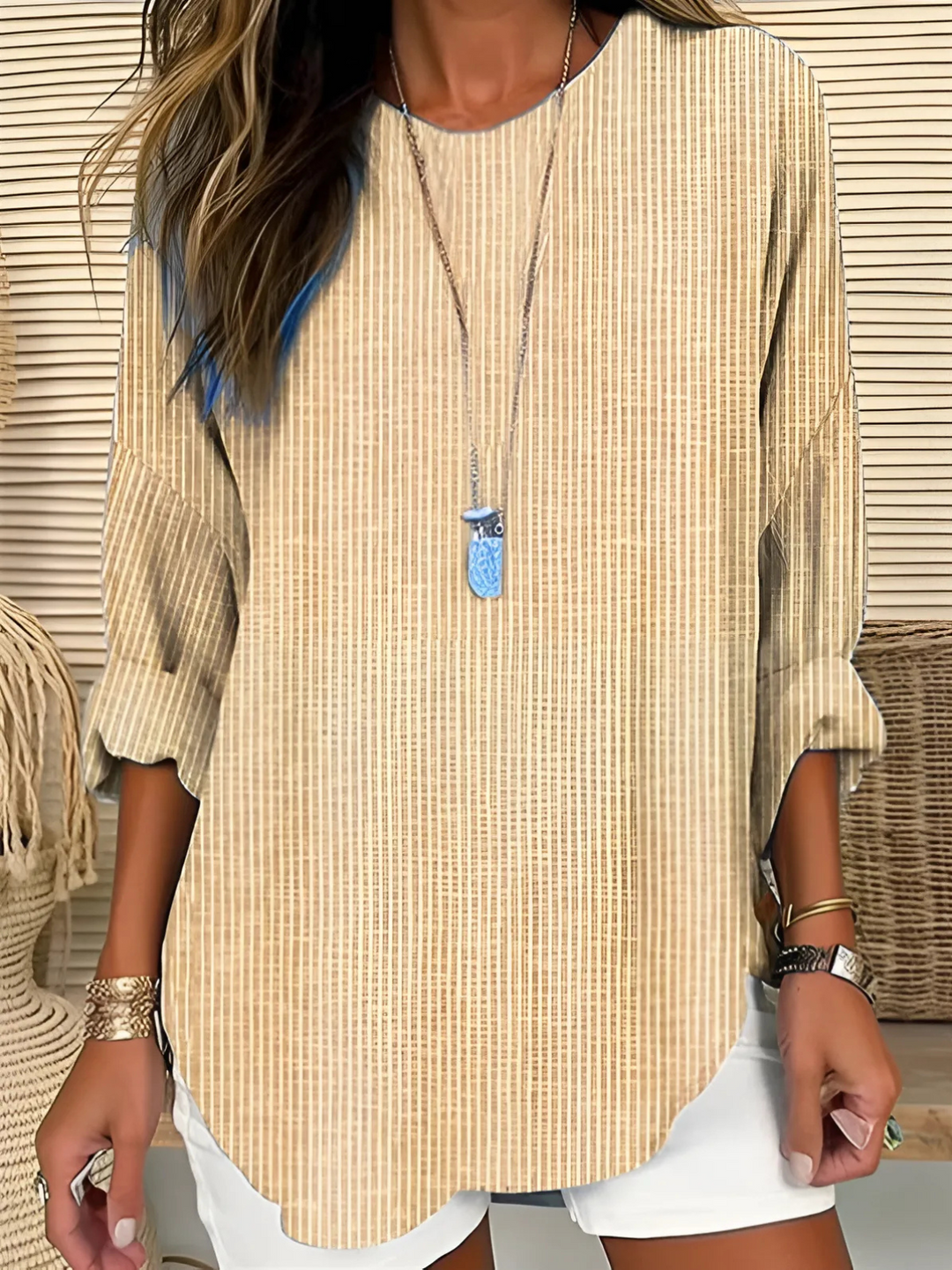Khaki pinstripe relaxed blouse with long sleeves and round neckline