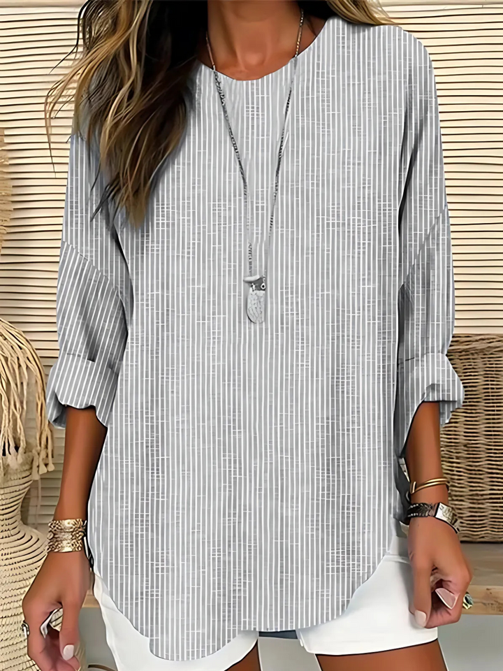 Gray pinstripe relaxed blouse with long sleeves and round neckline