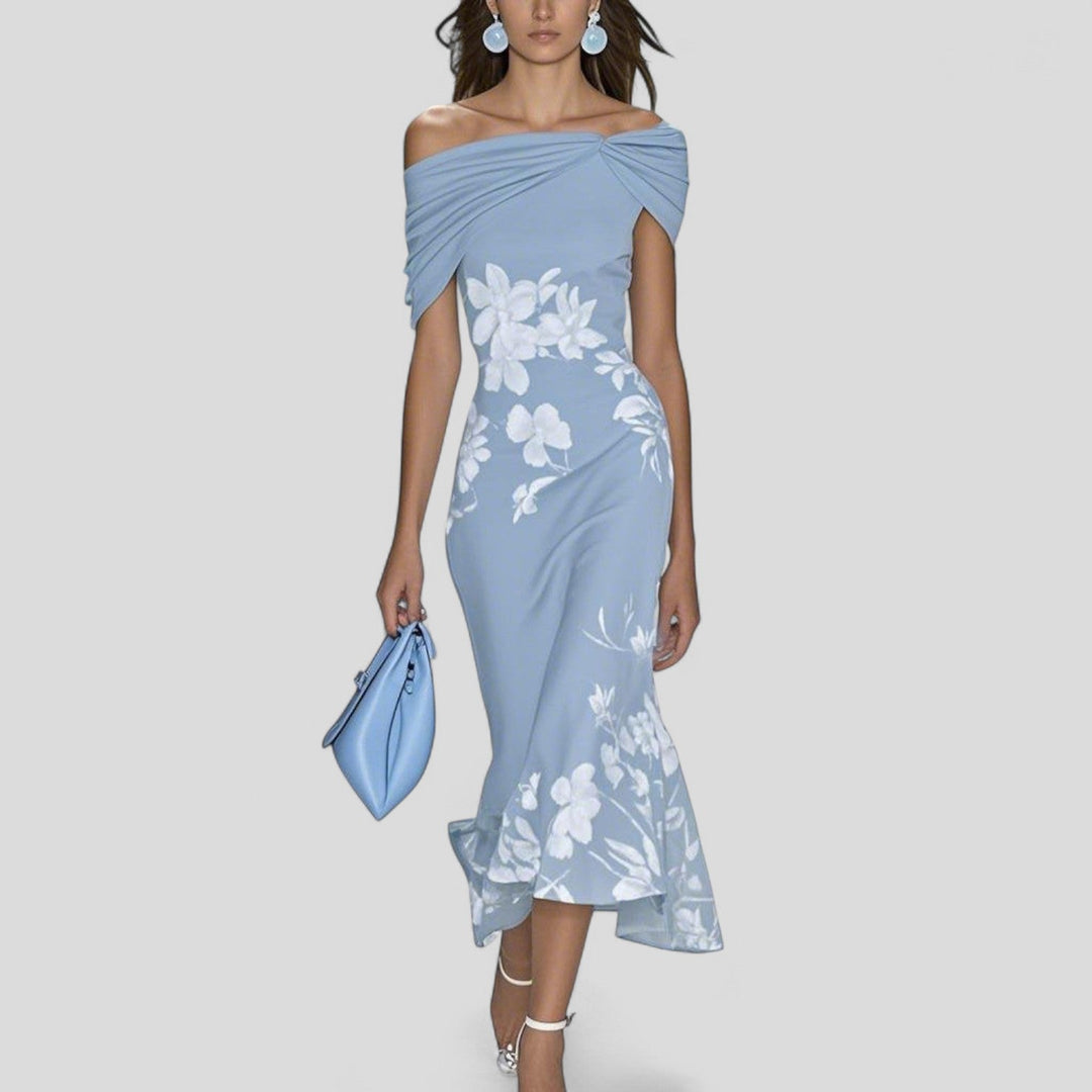 Blue printed midi dress with off-shoulder neckline and draped twist front, relaxed fit