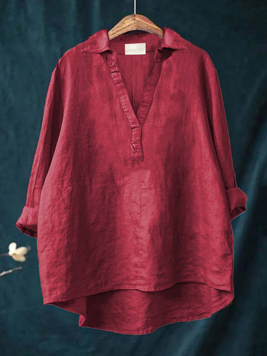 Burgundy red linen blouse with V-neck and short button placket, relaxed fit