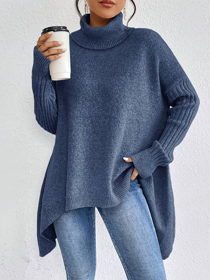 Sea blue oversized turtleneck sweater with ribbed hem and cuffs, long sleeves, curved high-low hem