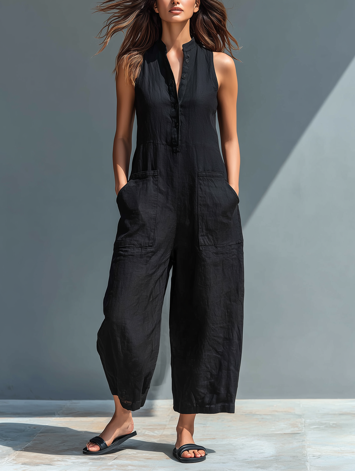 Black linen-blend button jumpsuit, sleeveless V-neck, front pockets