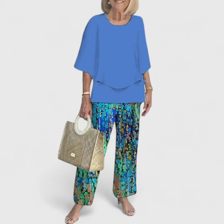 Two-piece blouse and trousers set, royal blue blouse and multicolor patterned trousers