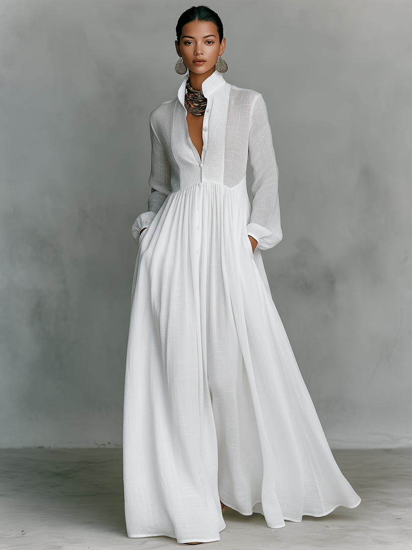 Women’s cotton-linen button maxi dress, full-length front, long sleeves, white
