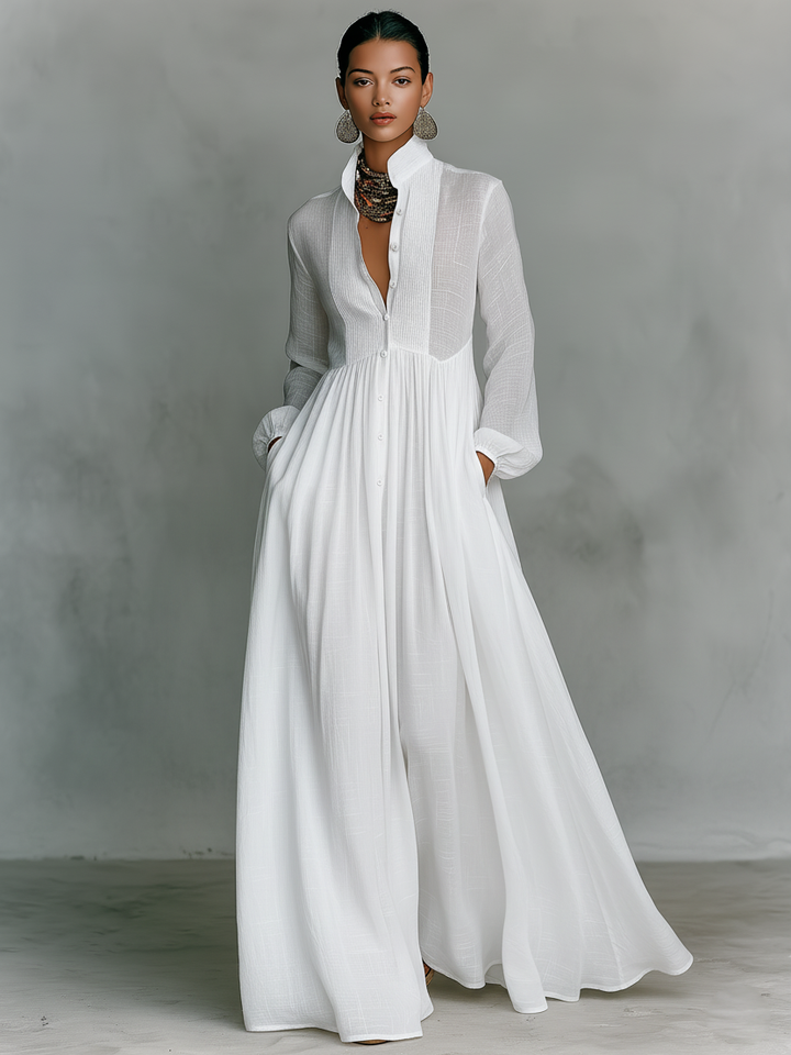 Women’s cotton-linen button maxi dress, full-length front, long sleeves, white