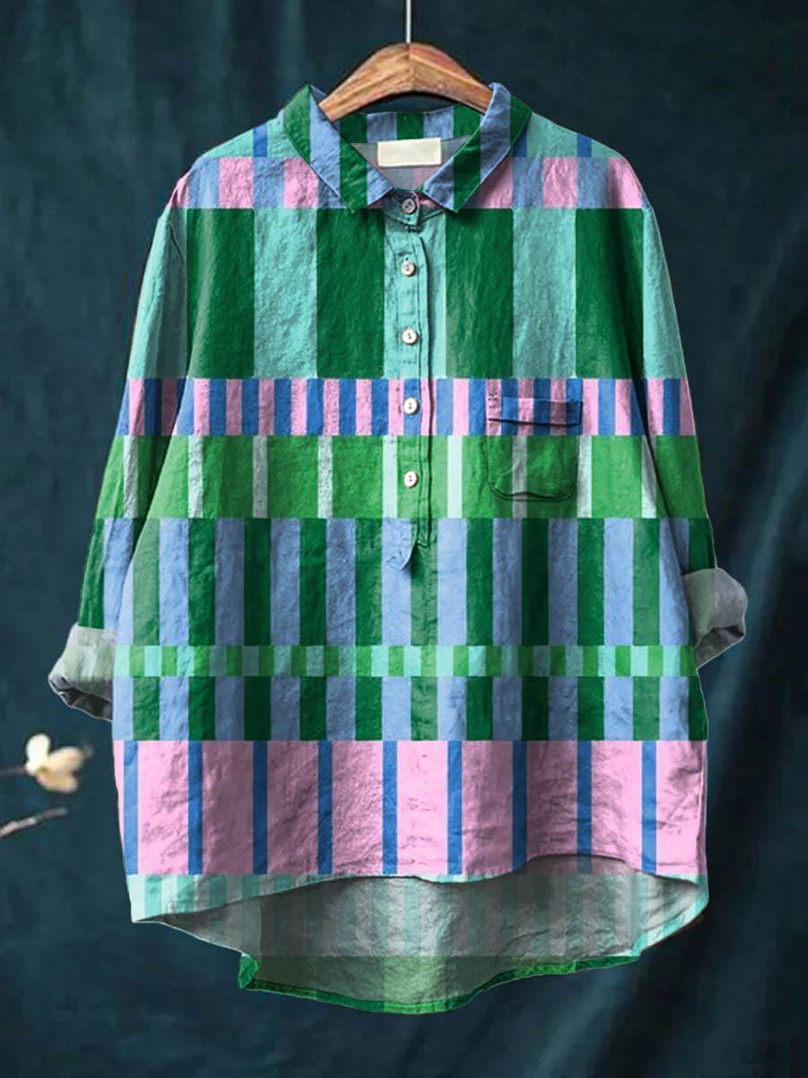 Relaxed linen blouse in green with multicolor check blocks, button-front placket, and pointed collar
