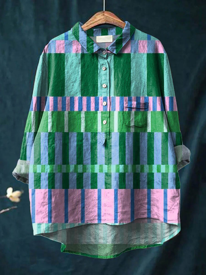 Relaxed linen blouse in green with multicolor check blocks, button-front placket, and pointed collar