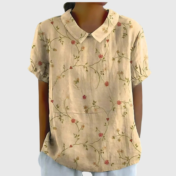 Floral collar blouse in cream with delicate vine floral print, short sleeves