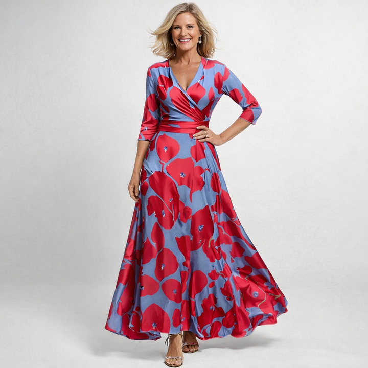 Floral wrap V-neck maxi dress in red and blue with 3/4 sleeves and pleated skirt
