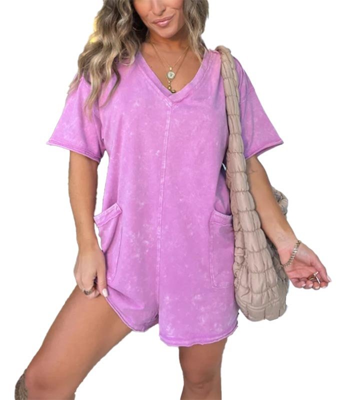 Washed pocket romper, pink, V-neck, short sleeves, front view with patch pockets