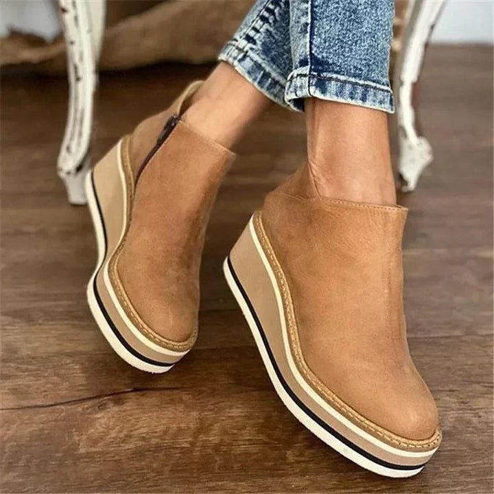 Platform slip-on boots in tan suede with elastic gore and striped cushioned sole
