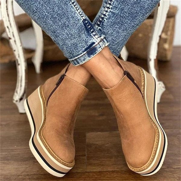 Platform slip-on boots in tan with side gore and layered white-brown striped sole