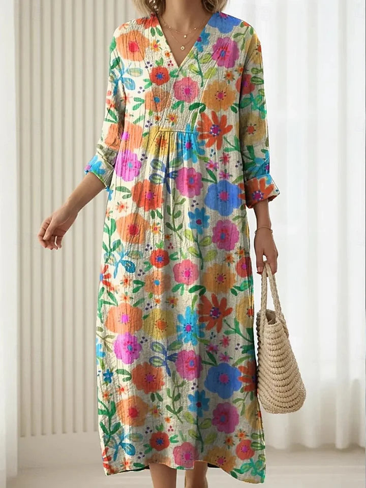 Floral V-neck midi dress with long sleeves, multicolor print and relaxed gathered waist