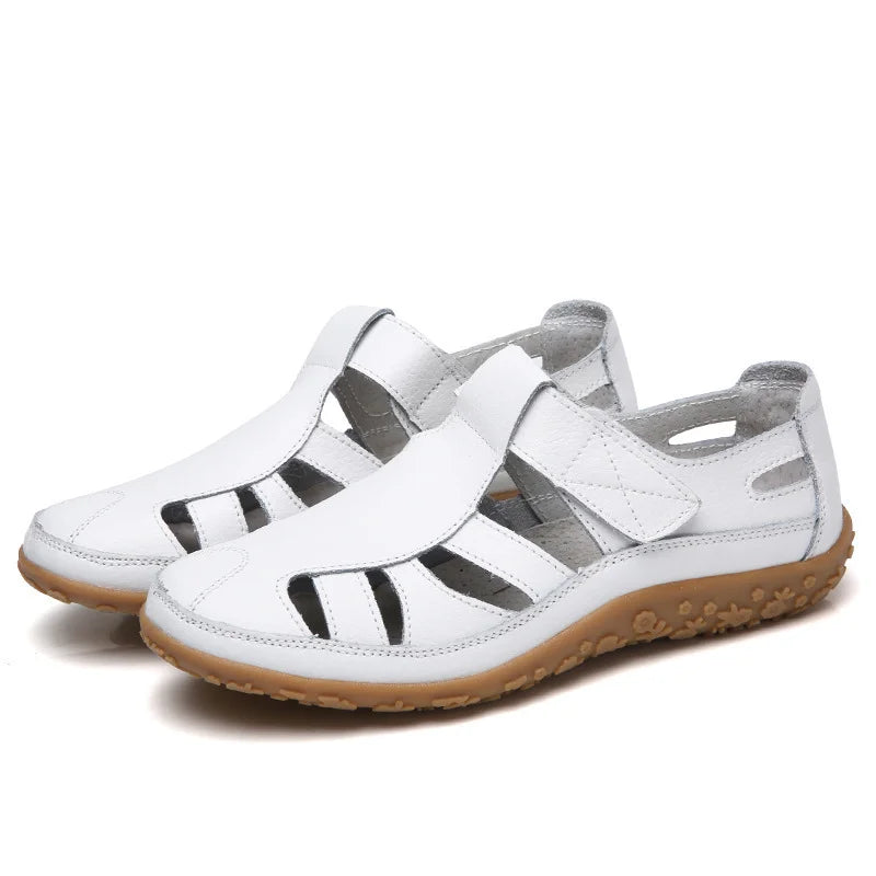 Orthopedic anti-slip sandals, white leather upper with open toe and hook straps