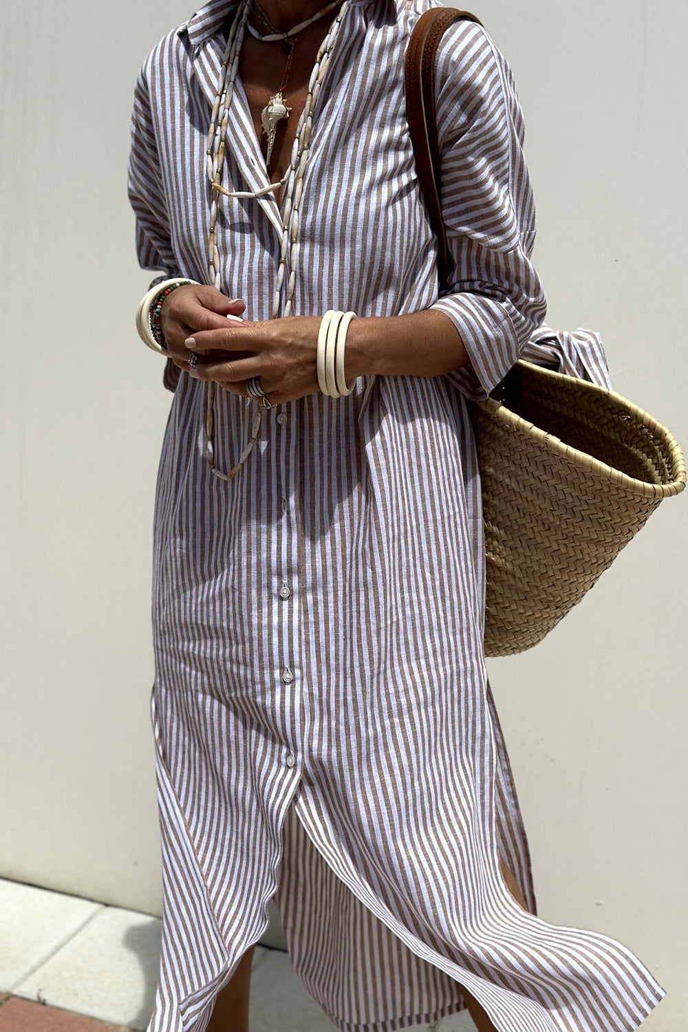 Neutral striped button-front shirt midi dress with collar and rolled sleeves