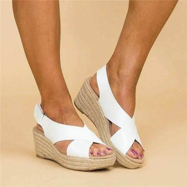 Orthopaedic espadrille wedge sandals, white crisscross straps and peep-toe