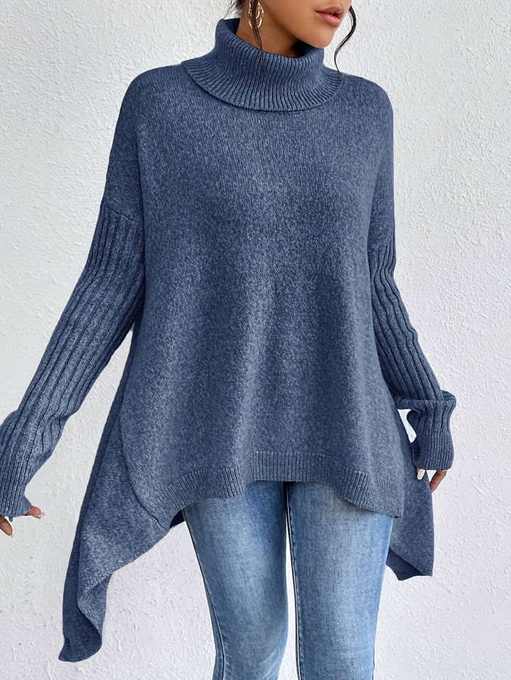 Sea blue oversized turtleneck knit sweater with ribbed cuffs and uneven high-low hem