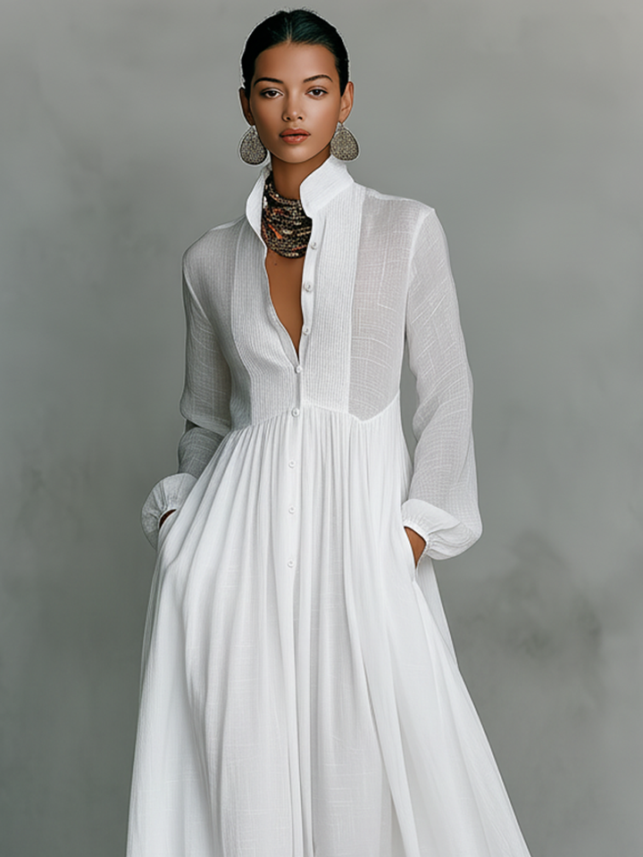 Women’s cotton-linen button maxi dress, front button placket, long sleeves, white