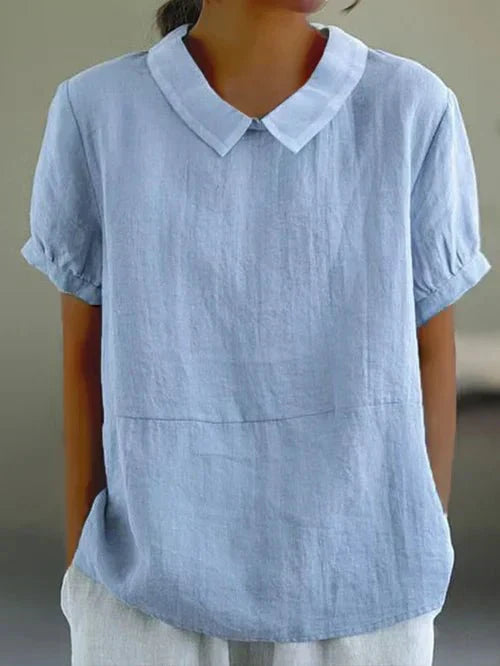 Lina soft-collar blouse, light blue, short sleeves and pointed collar