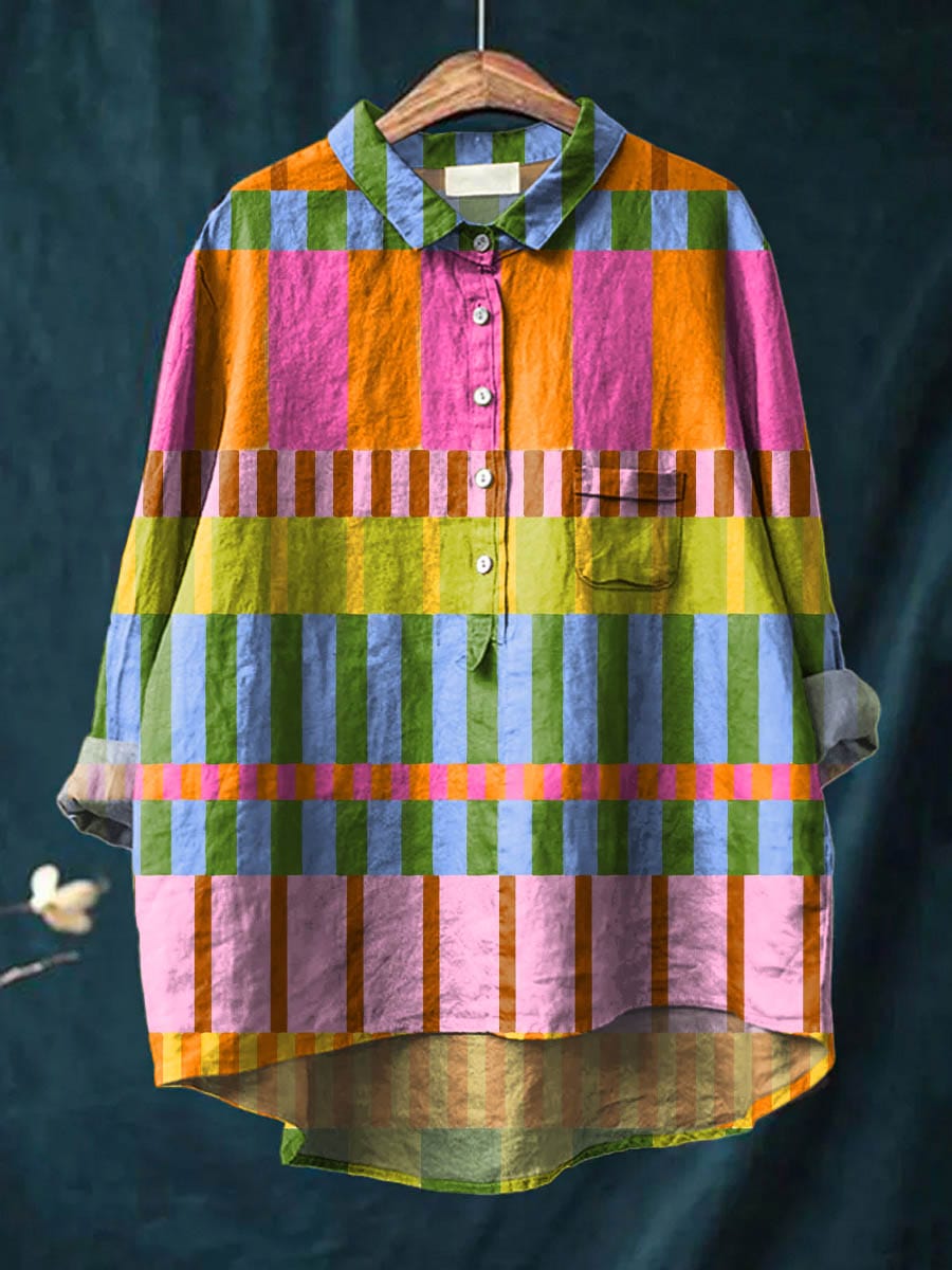 Relaxed linen blouse with multicolor check pattern, button-front placket, and pointed collar