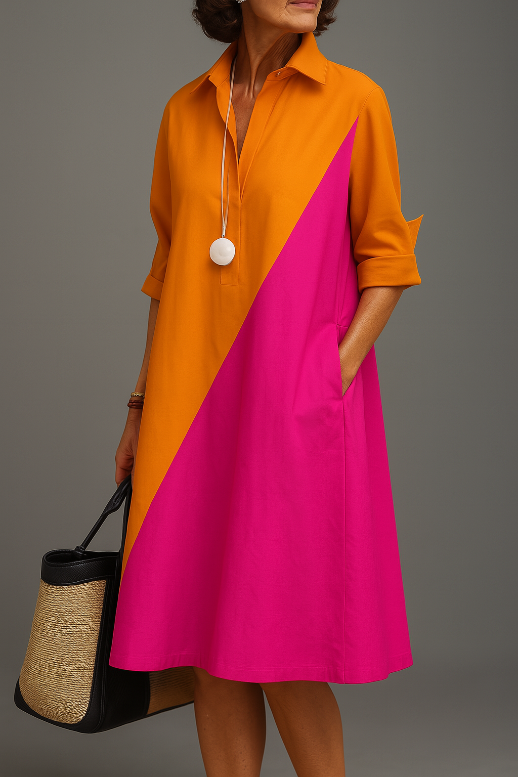 Colorblock shirt dress with button-front, collar, orange and hot-pink panels, 3/4 sleeves