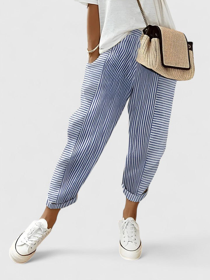 Blue striped relaxed pants with elastic cuffs and pleated, tapered legs.
