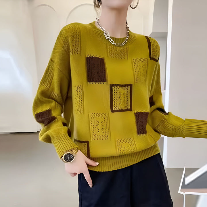 Patchwork knit sweater, mustard yellow with dark brown square patchwork, long sleeves