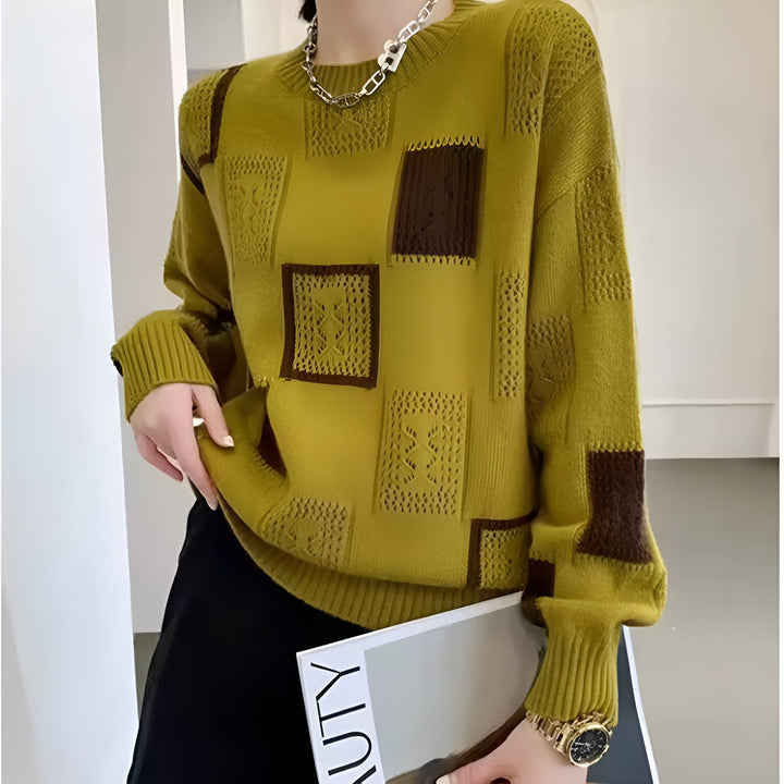 Patchwork knit sweater, mustard yellow with dark brown square panels, crew neck