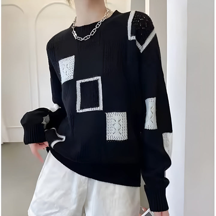 Patchwork knit sweater, black with white square panels, crew neck, long sleeves