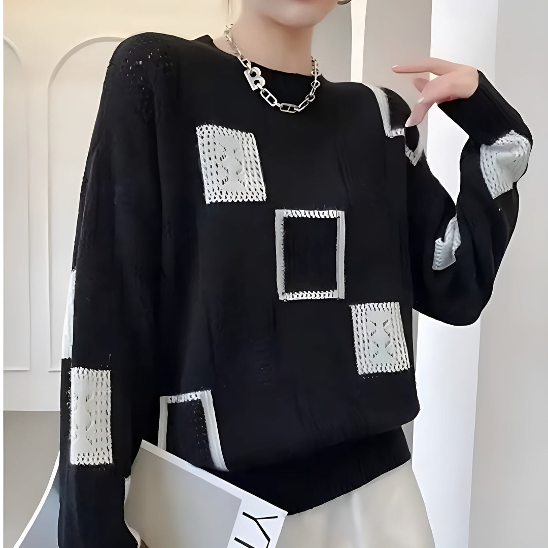 Patchwork knit sweater, black with white square patchwork, crew neck, long sleeves