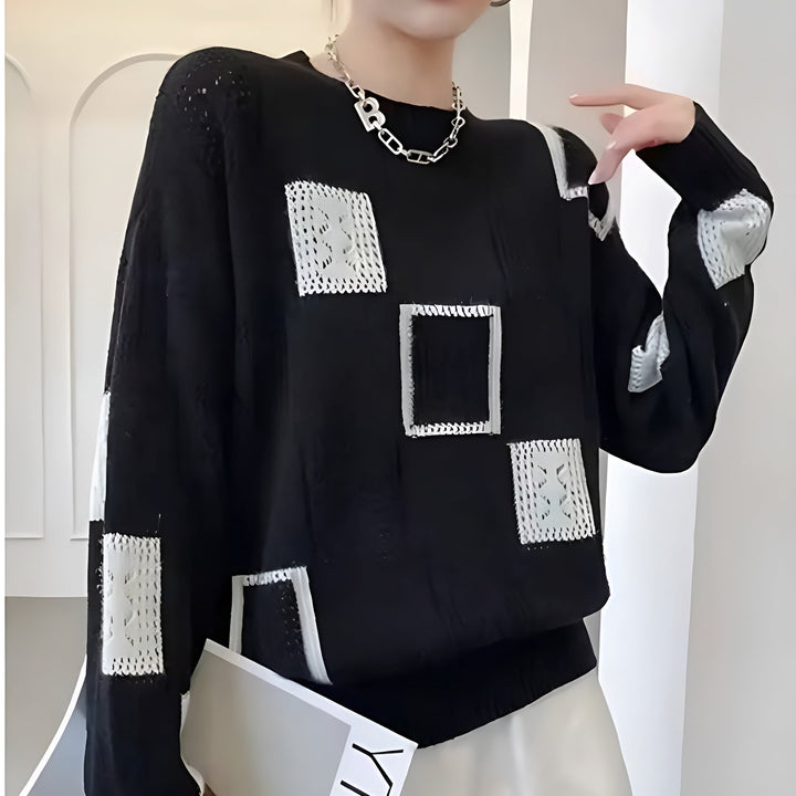 Patchwork knit sweater, black with white square patchwork, crew neck, long sleeves
