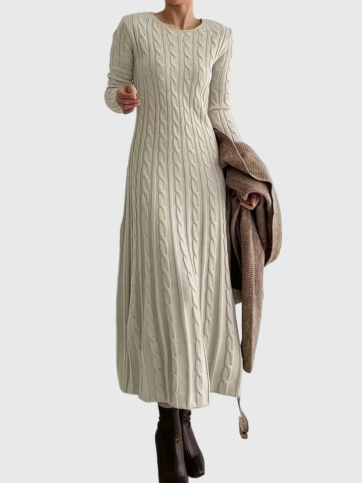 Cable knit maxi dress in light green with long sleeves and crew neckline