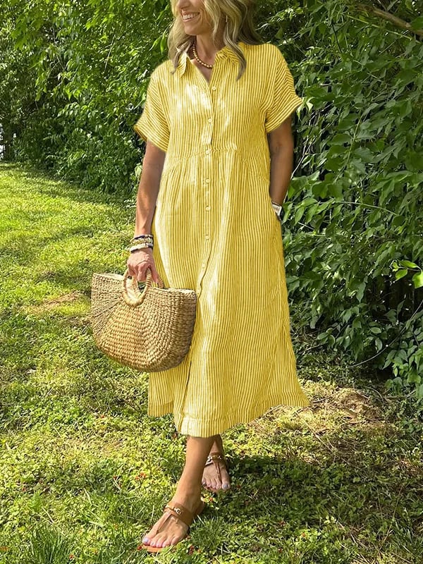 Yellow striped maxi dress with V-neck button front, short sleeves, gathered waist