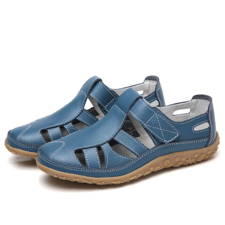 Orthopedic anti-slip sandals, blue leather upper with open toe and adjustable hook straps