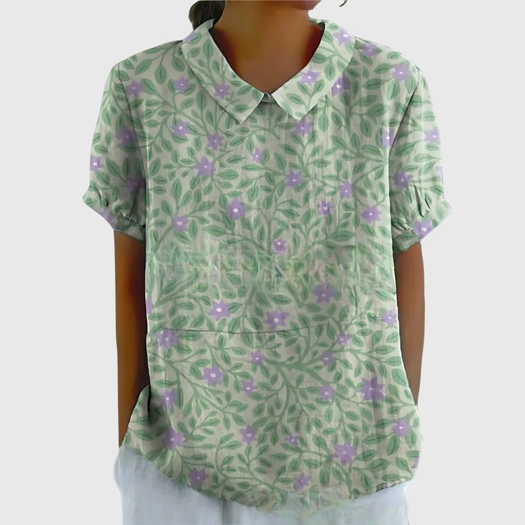 Floral collar blouse in mint green with purple floral print, short sleeves
